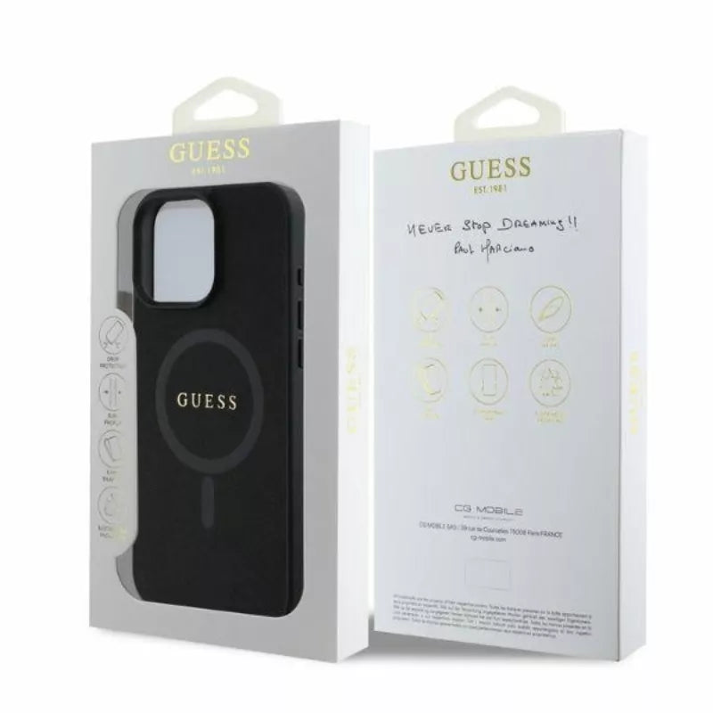 Guess Saffiano Classic Logo MagSafe – dėklas iPhone 16 Pro (juodas)