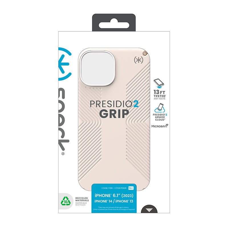 Speck Presidio2 Grip – dėklas iPhone 16e / iPhone 15 / iPhone 14 / iPhone 13 (Bleached Bone / Heirloom Gold / Hazel Brown)
