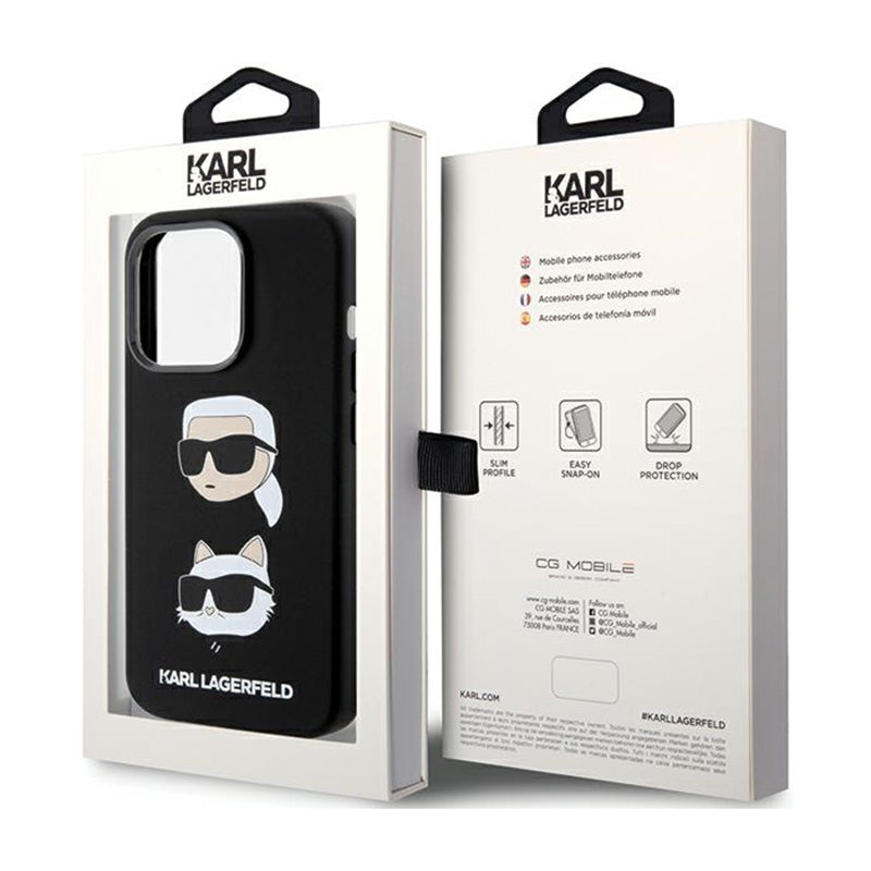 Karl Lagerfeld silikonas Karl & Choupette galvos – dėklas iPhone 15 Pro (juodas)