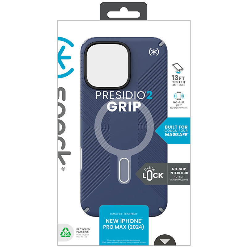 Speck Presidio2 Grip ClickLock ir MagSafe dėklas „iPhone 16 Pro Max“ (Coastal Blue / Dust Gray / White)