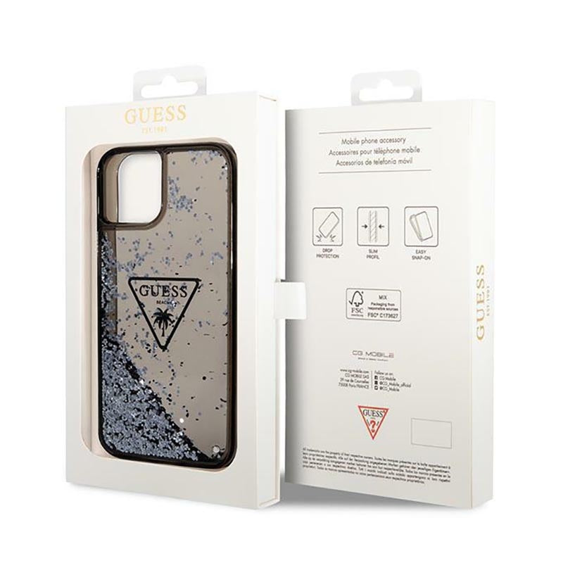 Guess Liquid Glitter Triangle Logo dėklas – dėklas, skirtas iPhone 14 Plus (juodas)
