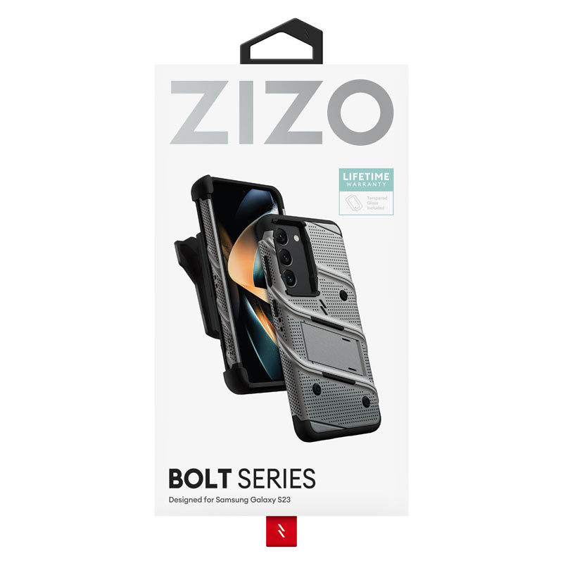 ZIZO BOLT serija – šarvuotas dėklas Samsung Galaxy S23 su 9H stiklu ekranui + laikiklis su stovu (pilka)