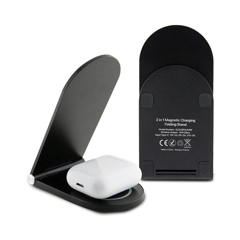 Karl Lagerfeld Ikonik MagSafe - sulankstomas 2-in-1 indukcinis įkroviklis su MagSafe, skirtas iPhone ir AirPods, 15W (juodas)