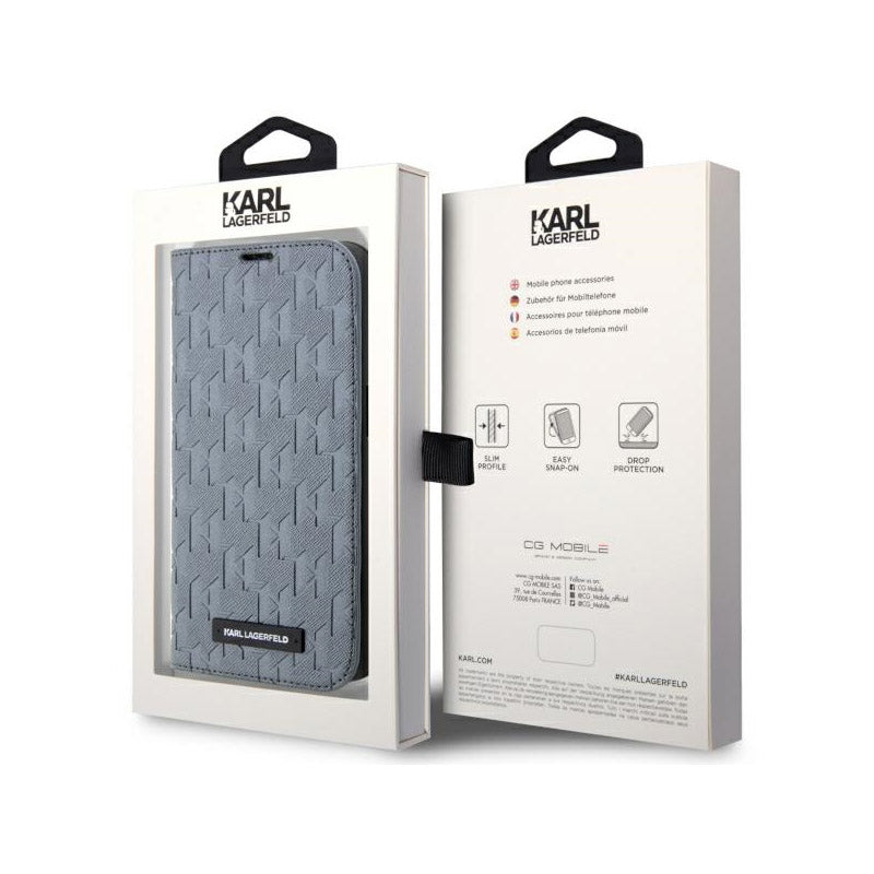 Karl Lagerfeld Booktype Saffiano Monogram - dėklas, skirtas iPhone 14 Pro (pilkas)