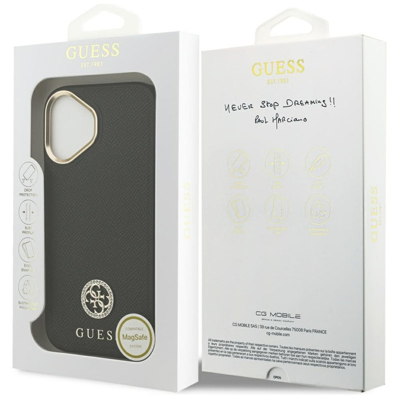 Guess Grūdėtas Strasų Logotipo MagSafe Dėklas iPhone 17 (juodas)