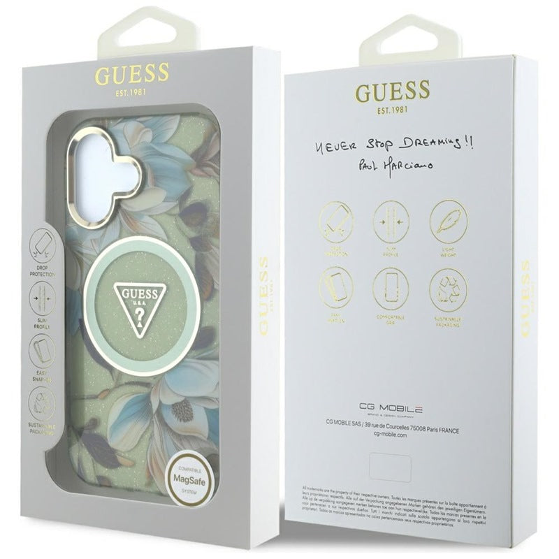 Guess Glitter Flowers Triangle Buttons MagSafe – Dėklas, skirtas iPhone 16 (žalias)