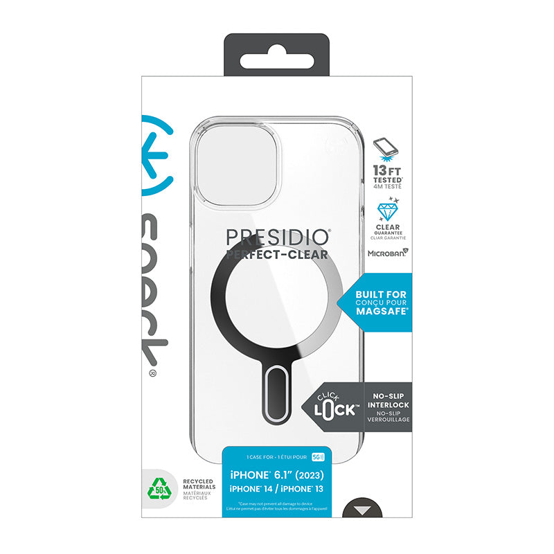 Speck Presidio Perfect-Clear ClickLock & MagSafe – Dėklas iPhone 17e / 16e / 15 / 14 / 13 (Skaidrus / Chromo apdaila / Serene Silver)
