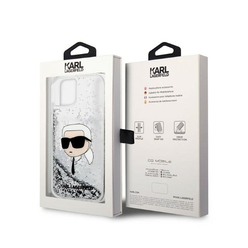 Karl Lagerfeld Liquid Glitter NFT Karl's Head – dėklas, skirtas iPhone 14 Plus (sidabrinis)