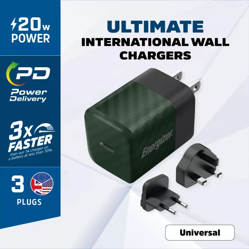 Energizer Ultimate – Universalus GaN 20W PD tinklo įkroviklis su EU/UK/US kištukais (Žalias)