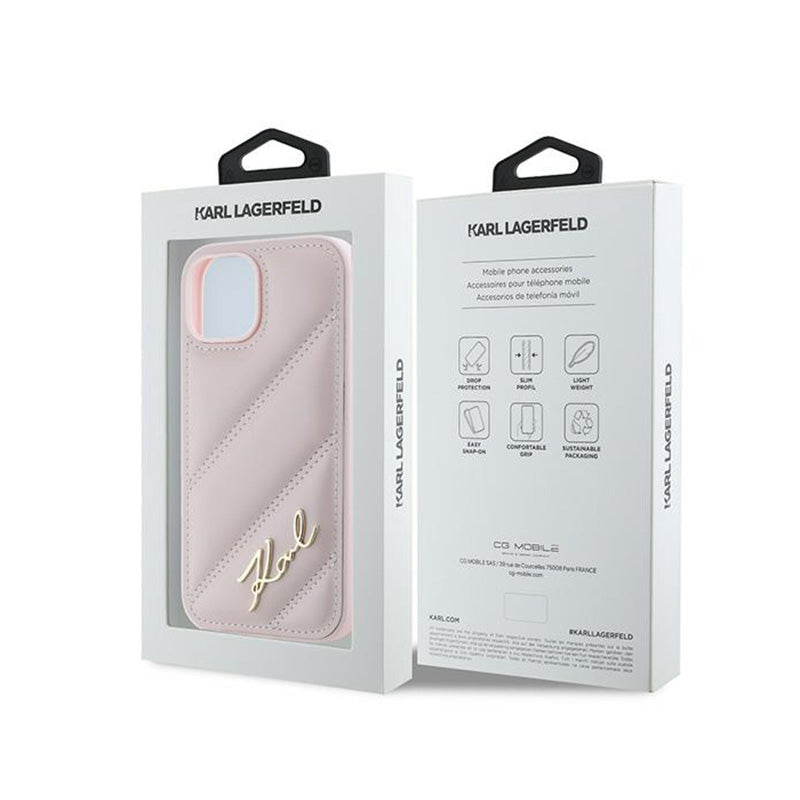 Karl Lagerfeld Diagonal Quilted Script – dėklas iPhone 14 / 15 / 13 (rožinis)