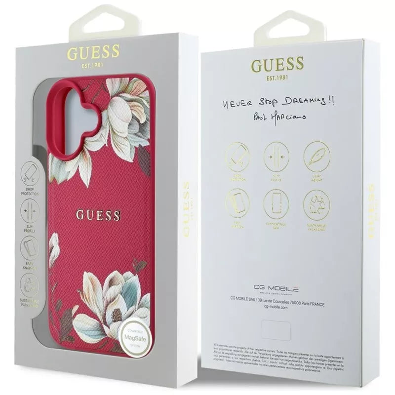 Guess Grained Printed Flower Pattern MagSafe – Dėklas iPhone 16 (fuksijos spalvos)