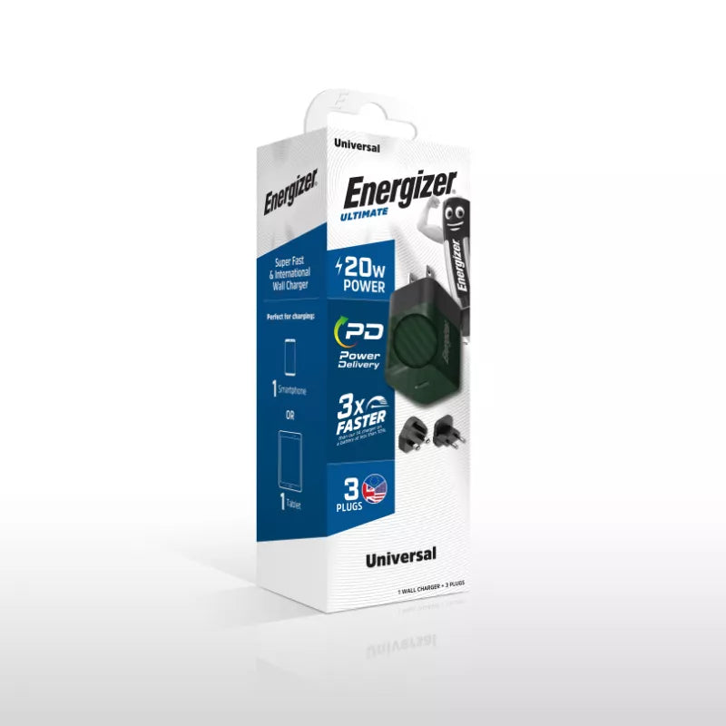 Energizer Ultimate – Universalus GaN 20W PD tinklo įkroviklis su EU/UK/US kištukais (Žalias)
