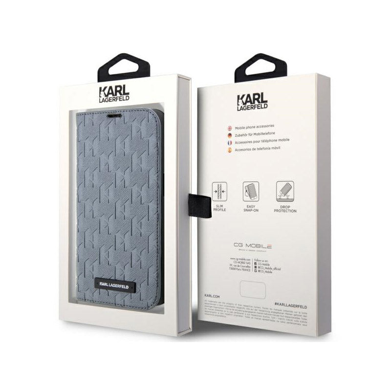 Karl Lagerfeld Booktype Saffiano Monogram – dėklas, skirtas iPhone 14 (pilkas)