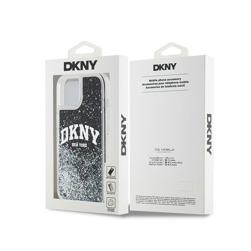 DKNY Liquid Glitter Big Logo – dėklas, skirtas iPhone 15 / 14 / 13 (juodas)