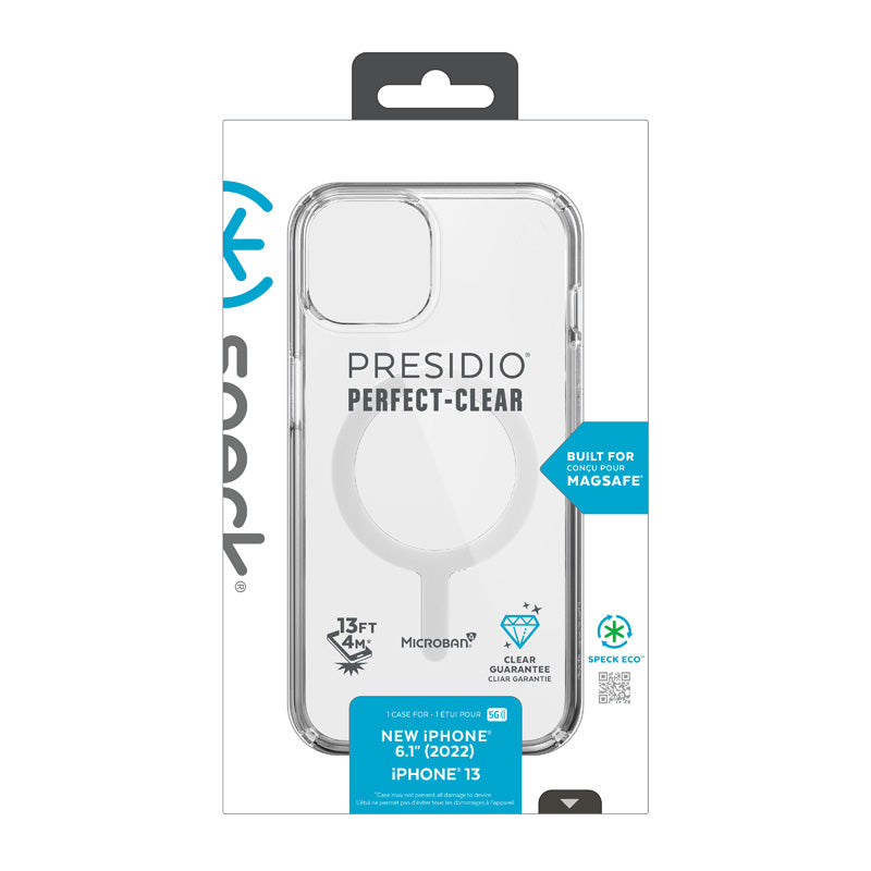 Speck Presidio Perfect-Clear + MagSafe – dėklas, skirtas iPhone 14 / iPhone 13 su MICROBAN danga (skaidrus)