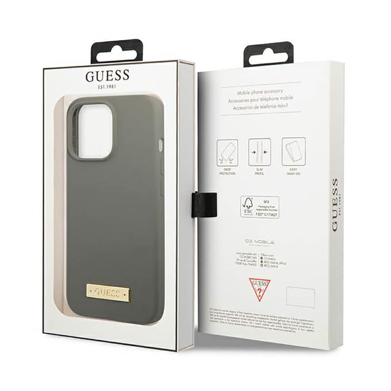 Guess Silicone Logo Plate MagSafe – dėklas, skirtas iPhone 13 Pro Max (pilkas)