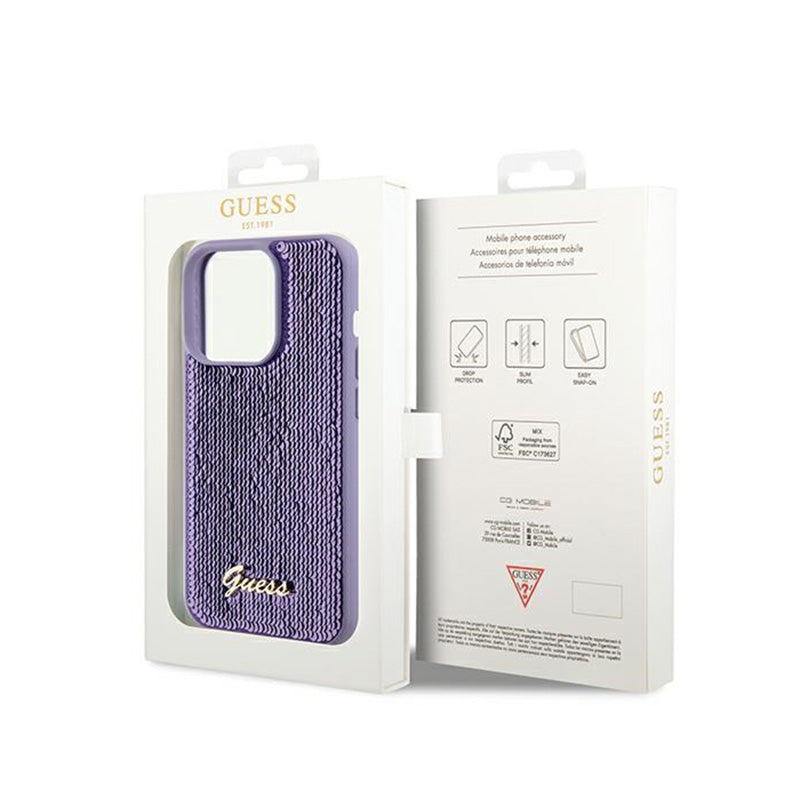 Guess Sequin Script Metal – iPhone 14 Pro Max dėklas (violetinis)