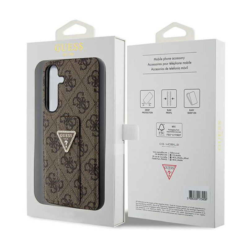 Guess Grip Stand 4G Triangle Strass Logo – dėklas „Samsung Galaxy S24“ (rudas)