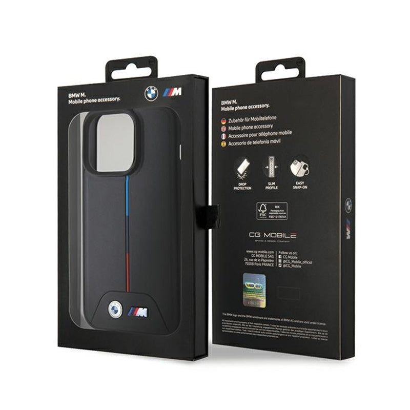 BMW Quilted Tricolor MagSafe – dėklas iPhone 15 Pro (juodas)