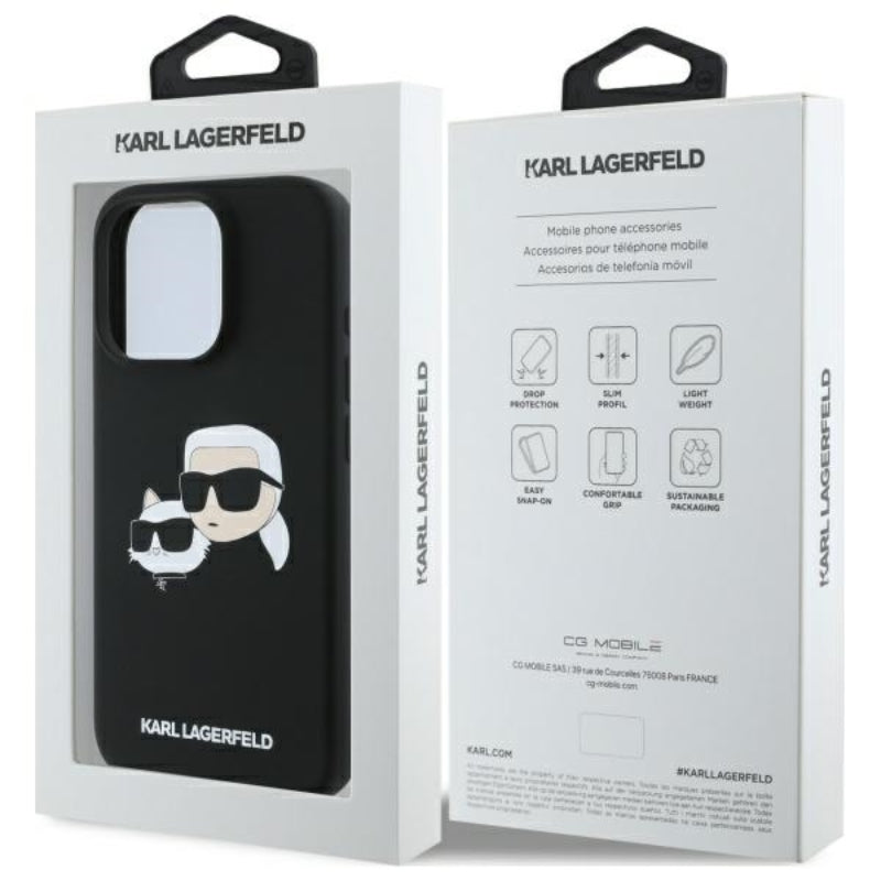 Karl Lagerfeld Silikoninis dėklas „Double Heads Print MagSafe“ – „iPhone 16 Pro“ (juodas)