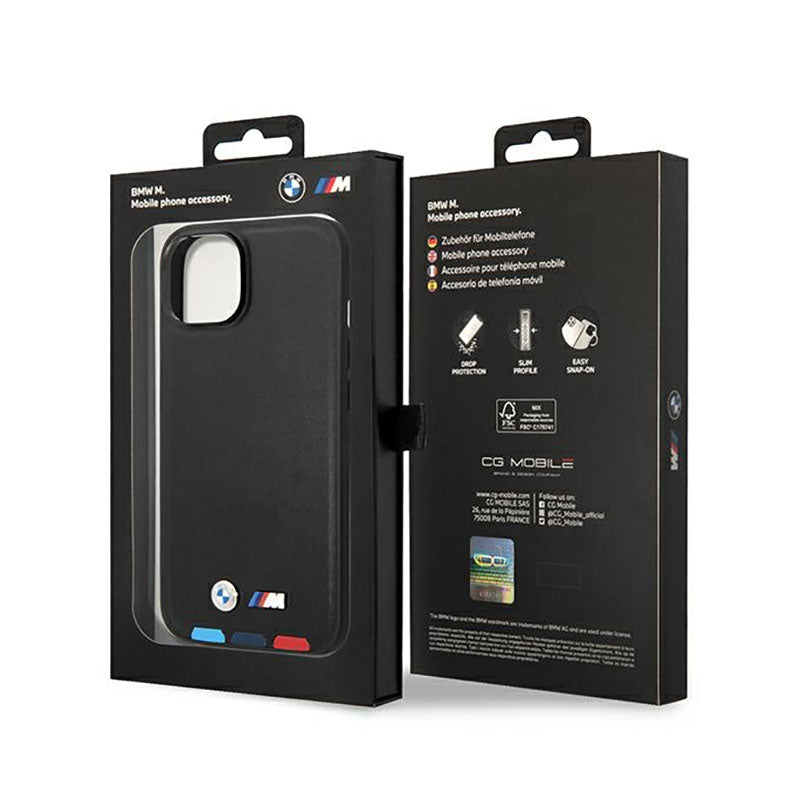 BMW Leather Hot Stamp Tricolor MagSafe - Dėklas, skirtas iPhone 14 Plus (juoda)
