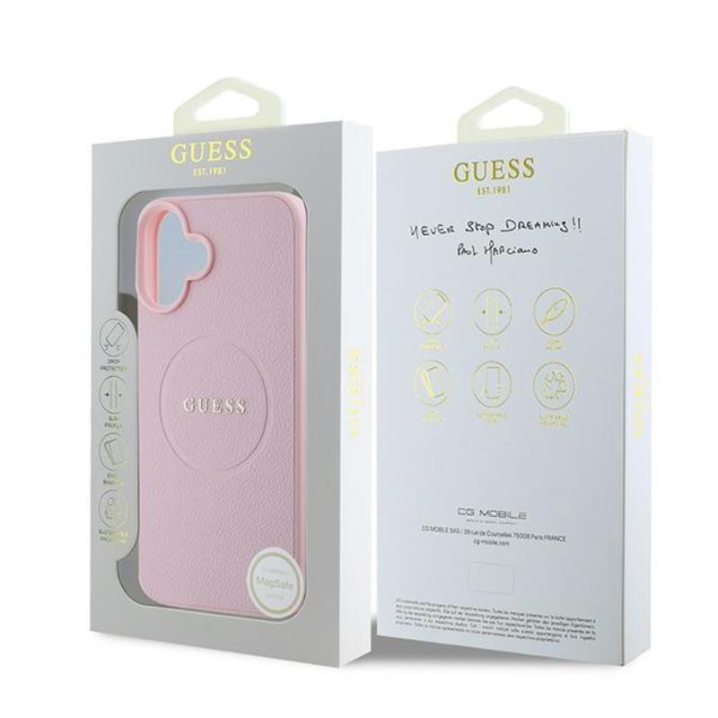 Guess Grained Ring MagSafe – iPhone 16 Plus dėklas (rožinis)