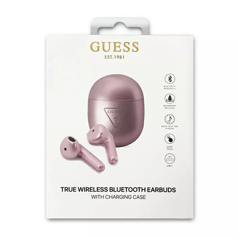 Guess Triangle Logo – TWS ausinės + įkrovimo stotelė (violetinė)