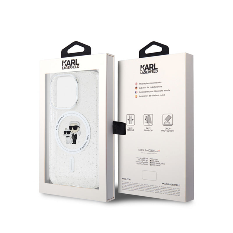 Karl Lagerfeld Karl & Choupette Glitter Magsafe – dėklas skirtas iPhone 15 Pro (permatomas)
