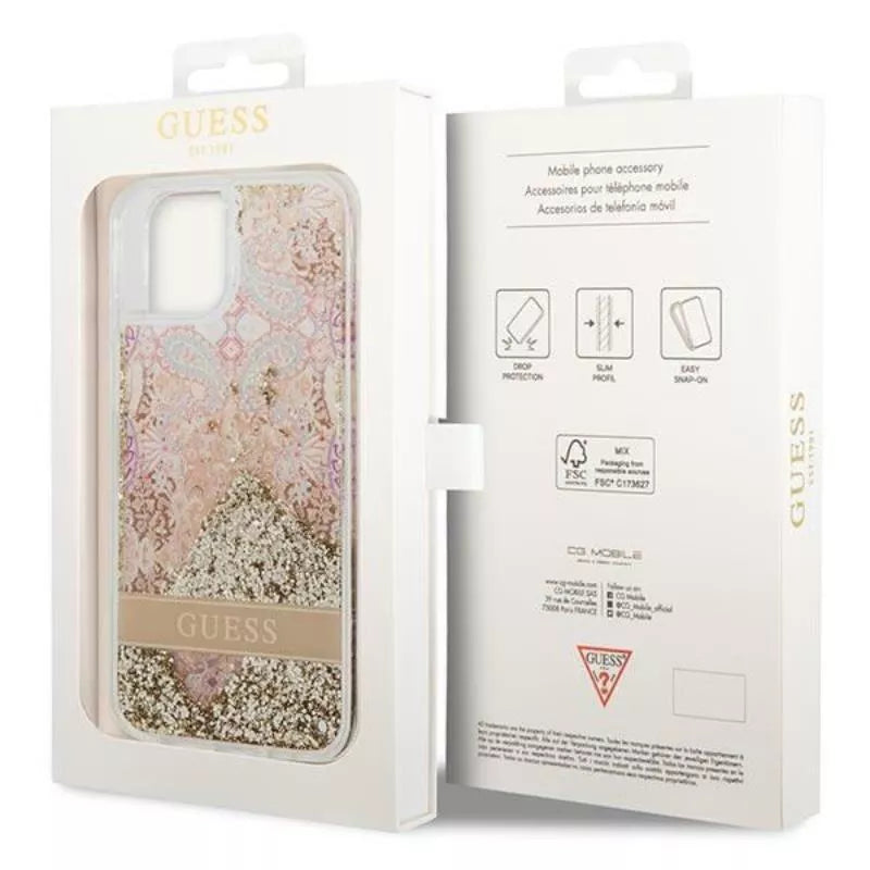 Guess Liquid Glitter Paisley – „iPhone 14 Plus“ dėklas (auksinis)