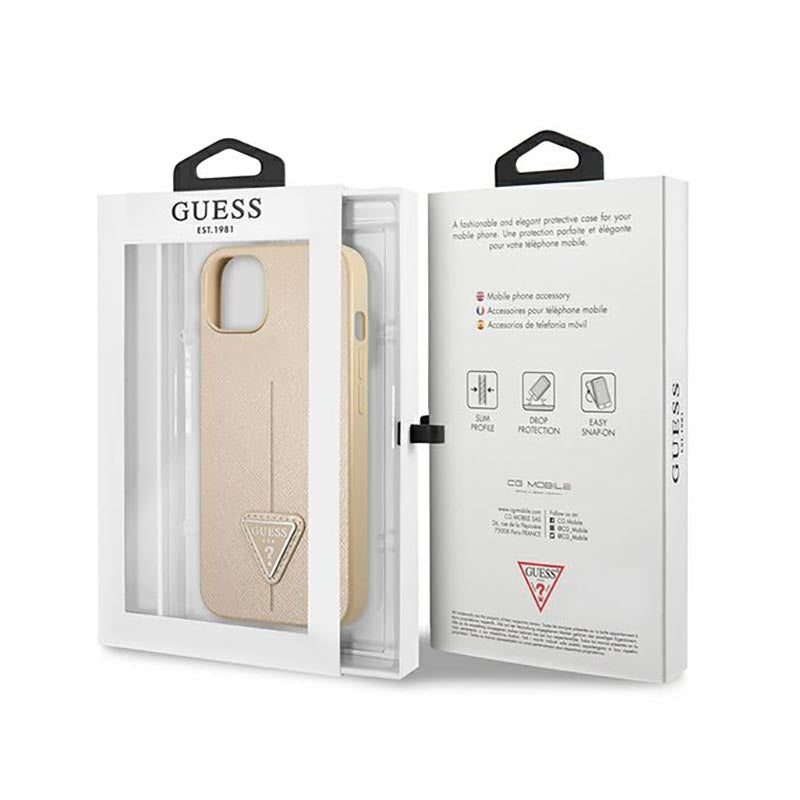 Guess Saffiano Triangle Logo dėklas – dėklas iPhone 13 mini (smėlio spalvos)