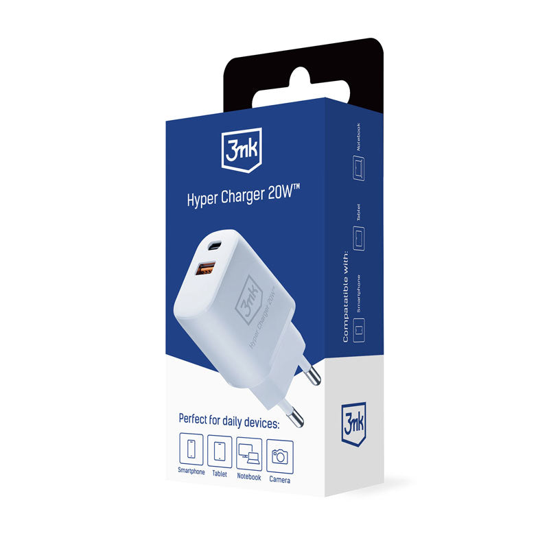 3mk Hyper Charger – USB-A QC 3.0 + USB-C PD 20W sieninis įkroviklis (baltas)