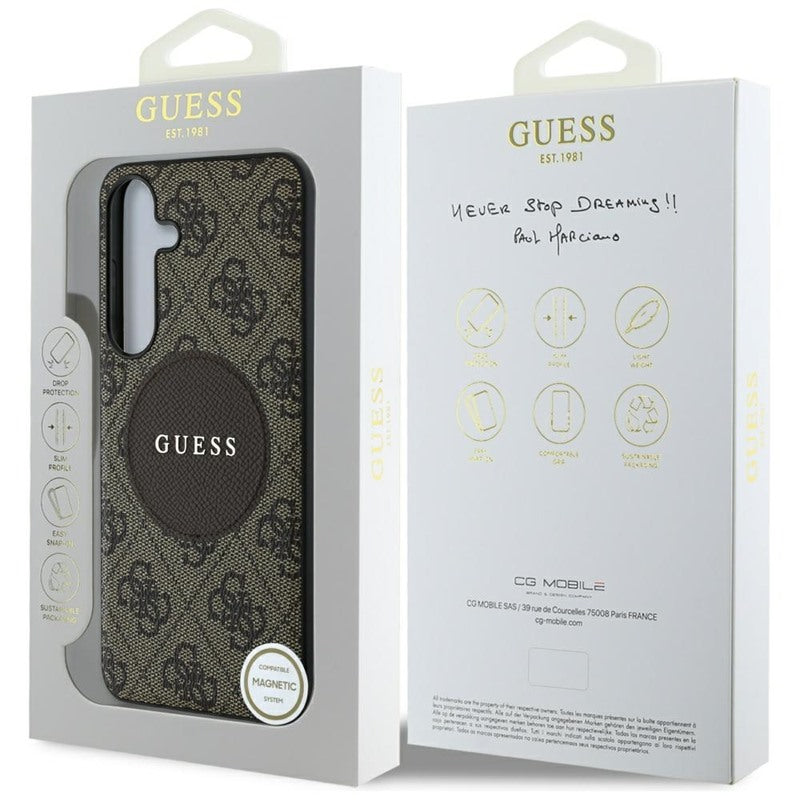 Guess 4G Round Patch Classic Logo MagSafe – dėklas, skirtas Samsung Galaxy S25+ (rudas)