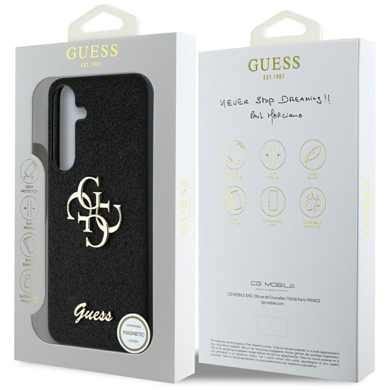 Guess Fixed Glitter Big 4G Metal Logo – Dėklas, skirtas Samsung Galaxy S25 (juoda)