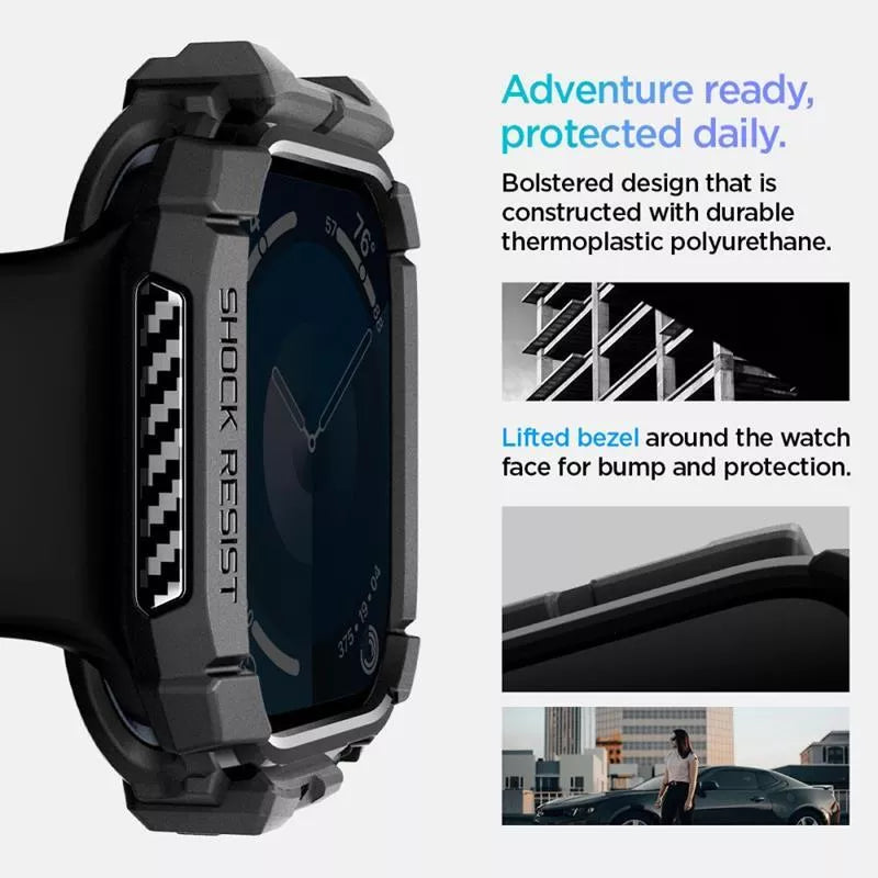 Spigen Rugged Armor – dėklas, skirtas „Apple Watch 10 42 mm“ (matinė juoda)