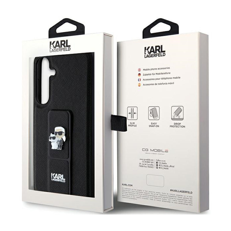 Karl Lagerfeld Gripstand Saffiano Karl & Choupette smeigtukai – Samsung Galaxy S24+ dėklas (juodas)