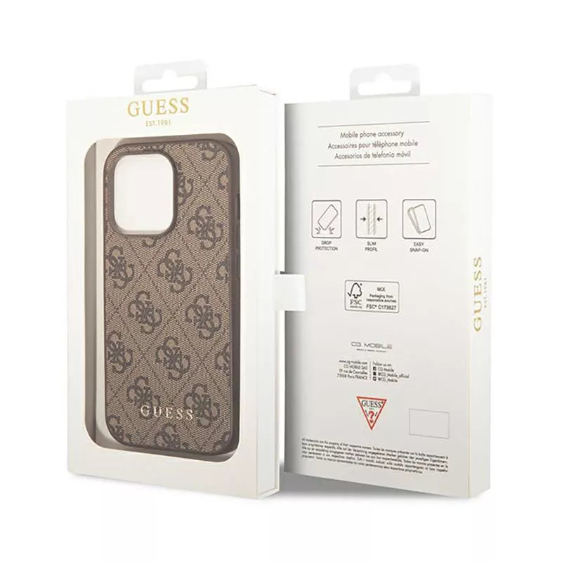 Guess 4G Metal Gold Logo dėklas iPhone 14 Pro Max (rudos spalvos)