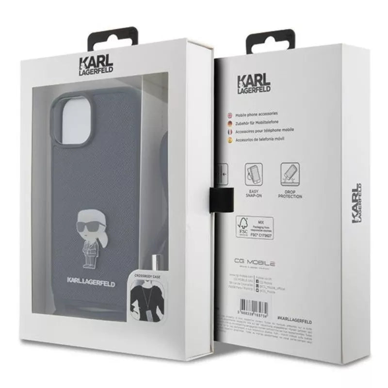 Karl Lagerfeld Crossbody Saffiano Monogram Ikonik Metal Pin - Dėklas iPhone 15 (Juodas)