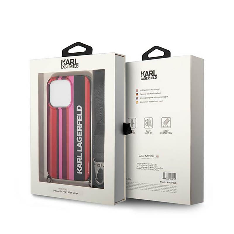 Karl Lagerfeld spalvotų juostelių dirželis – dėklas iPhone 14 Pro Max (rožinis)