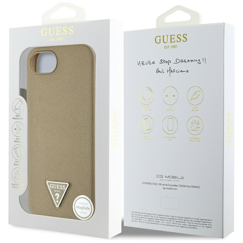 Guess Grained Triangle MagSafe – dėklas iPhone 16e (rudas)