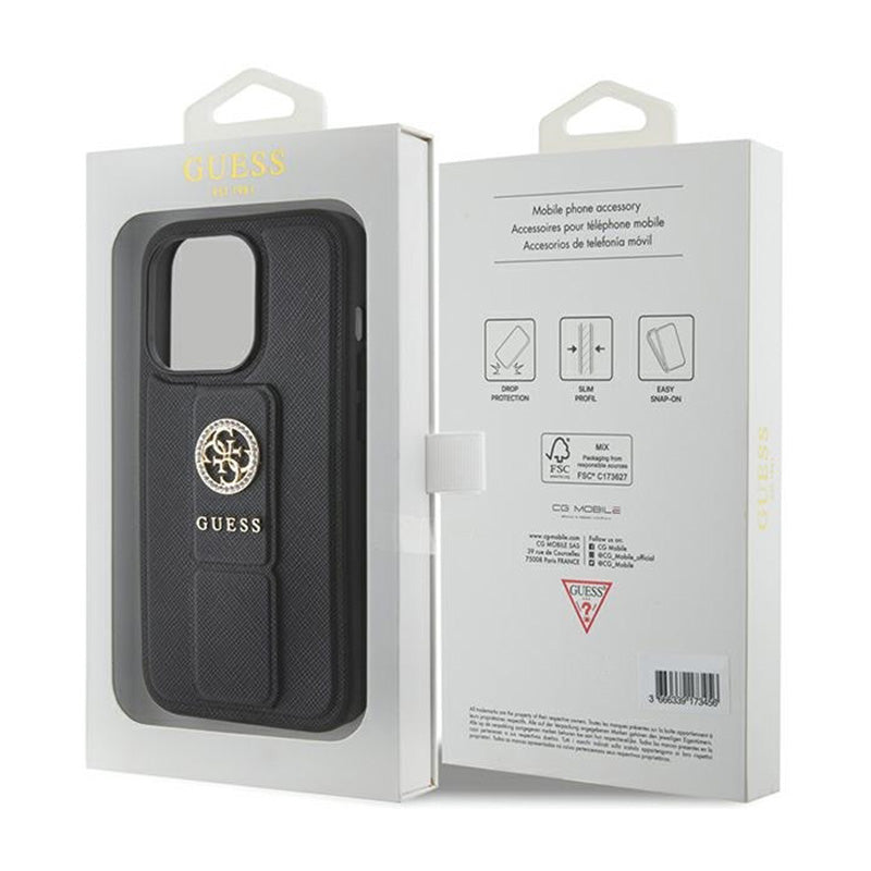 Guess Grip Stand 4G Saffiano Strass Logo – iPhone 15 Pro Max dėklas (juodas)
