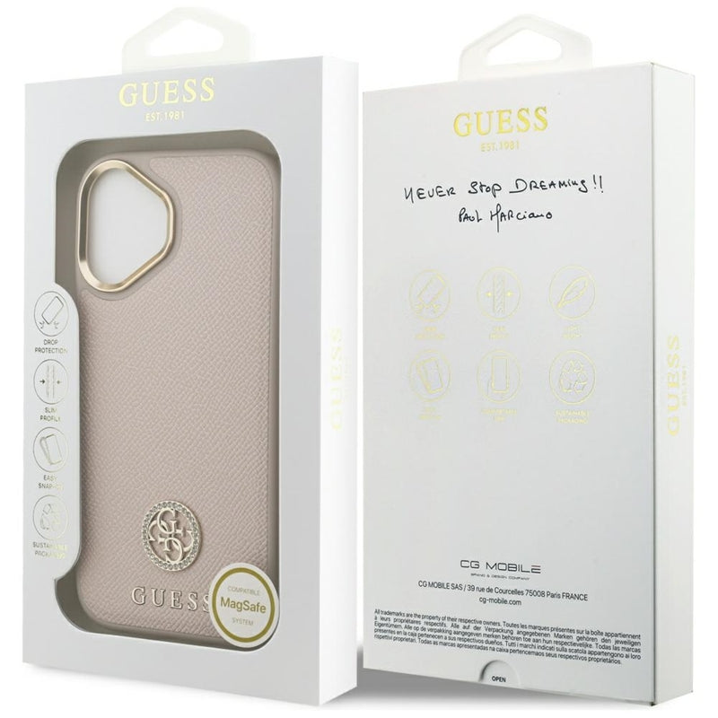 Guess Grūdėtas Strass Logotipas MagSafe Dėklas iPhone 17 (rožinis)