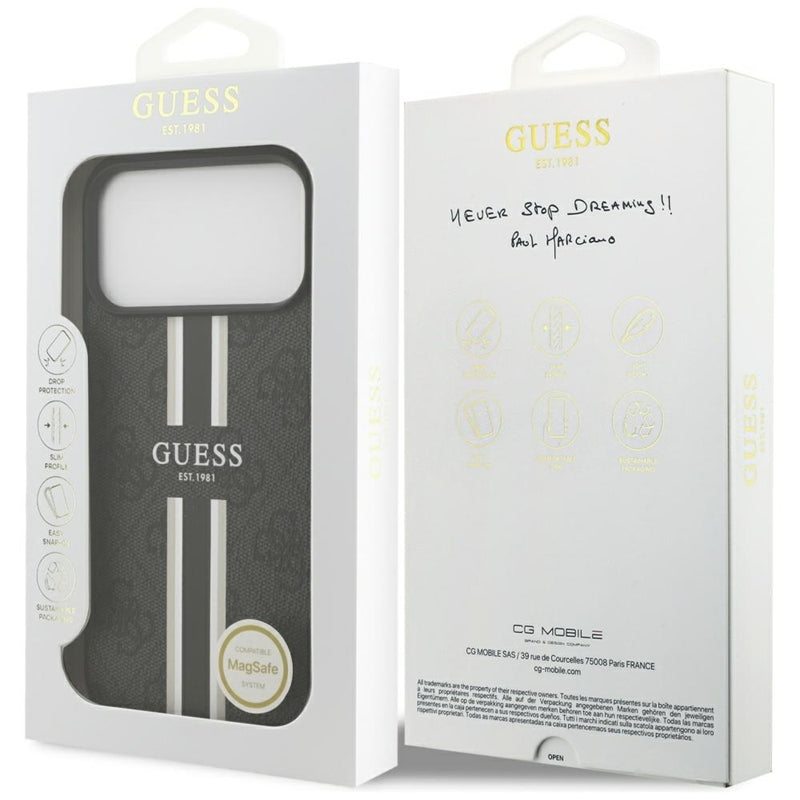 Guess 4G Dryžuoto Spaudinio MagSafe Dėklas iPhone 17 Pro Max (Juodas)