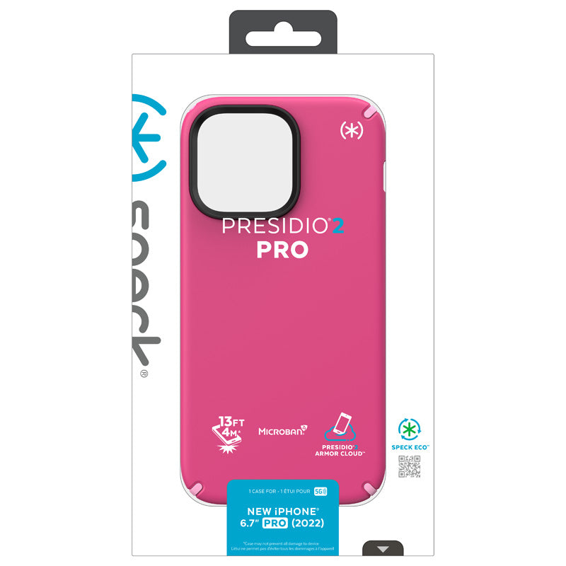 Speck Presidio2 Pro – Dėklas iPhone 14 Pro Max su MICROBAN danga (Digitalpink / Blossompink / White)