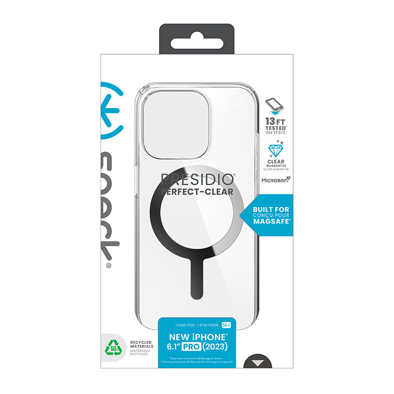 Speck Presidio Perfect-Clear MagSafe dėklas – iPhone 15 Pro (Skaidri / Chromuota apdaila / Serene Silver)