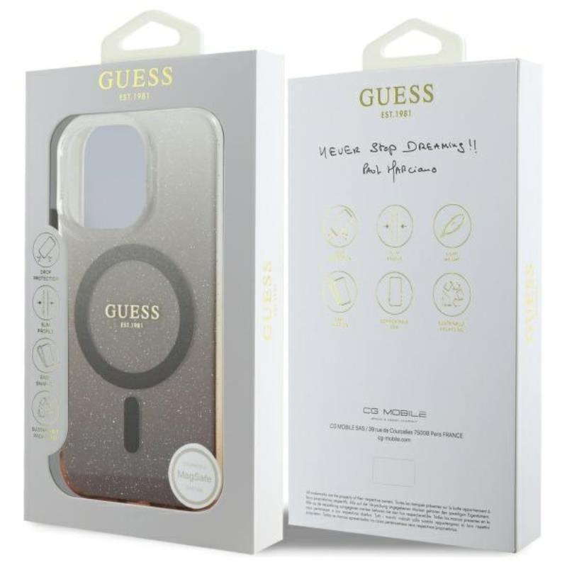 Guess IML blizgučių gradiento MagSafe – dėklas, skirtas „iPhone 16 Pro“ (rudas)