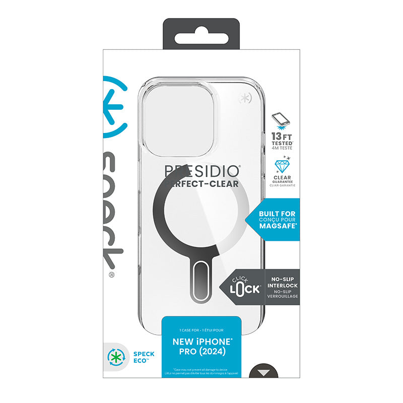 Speck Presidio Perfect-Clear ClickLock & MagSafe – dėklas iPhone 16 Pro (Skaidrus / Chromuotos apdailos / Serene Silver)