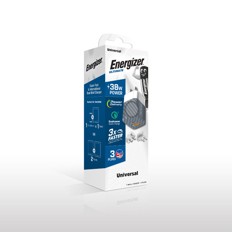 Energizer Ultimate – daugiafunkcis EU / UK / US tinklo įkroviklis GaN 38W PD + QC3.0 (sidabrinis)