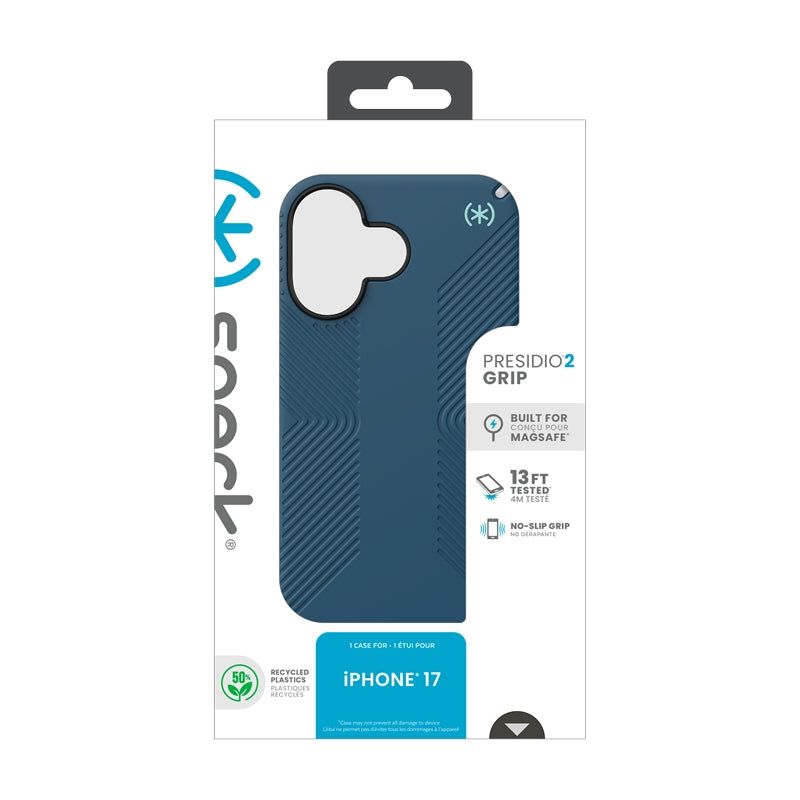 Speck Presidio2 Grip MagSafe - Dėklas telefonui iPhone 17 (Deep Sea/Silver Metallic)