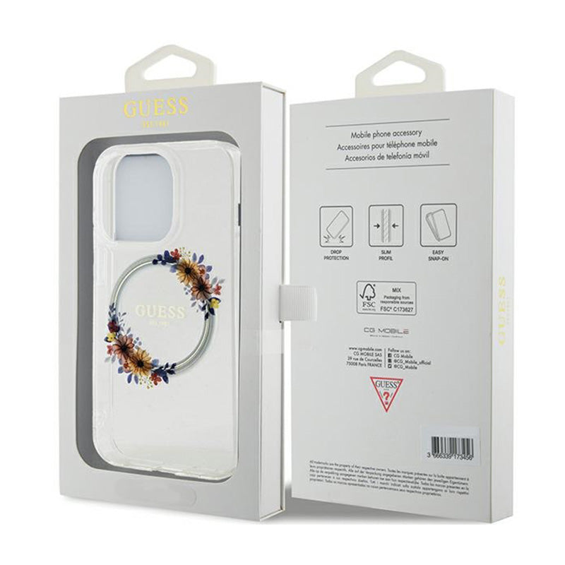Guess IML Flowers Wreath MagSafe – „iPhone 15 Pro“ dėklas (skaidrus)