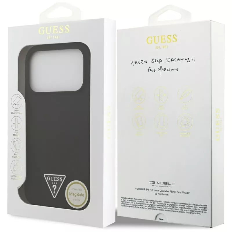Guess Silikoninis MagSafe dėklas su Trikampio logotipu iPhone 17 Pro Max (juodas)